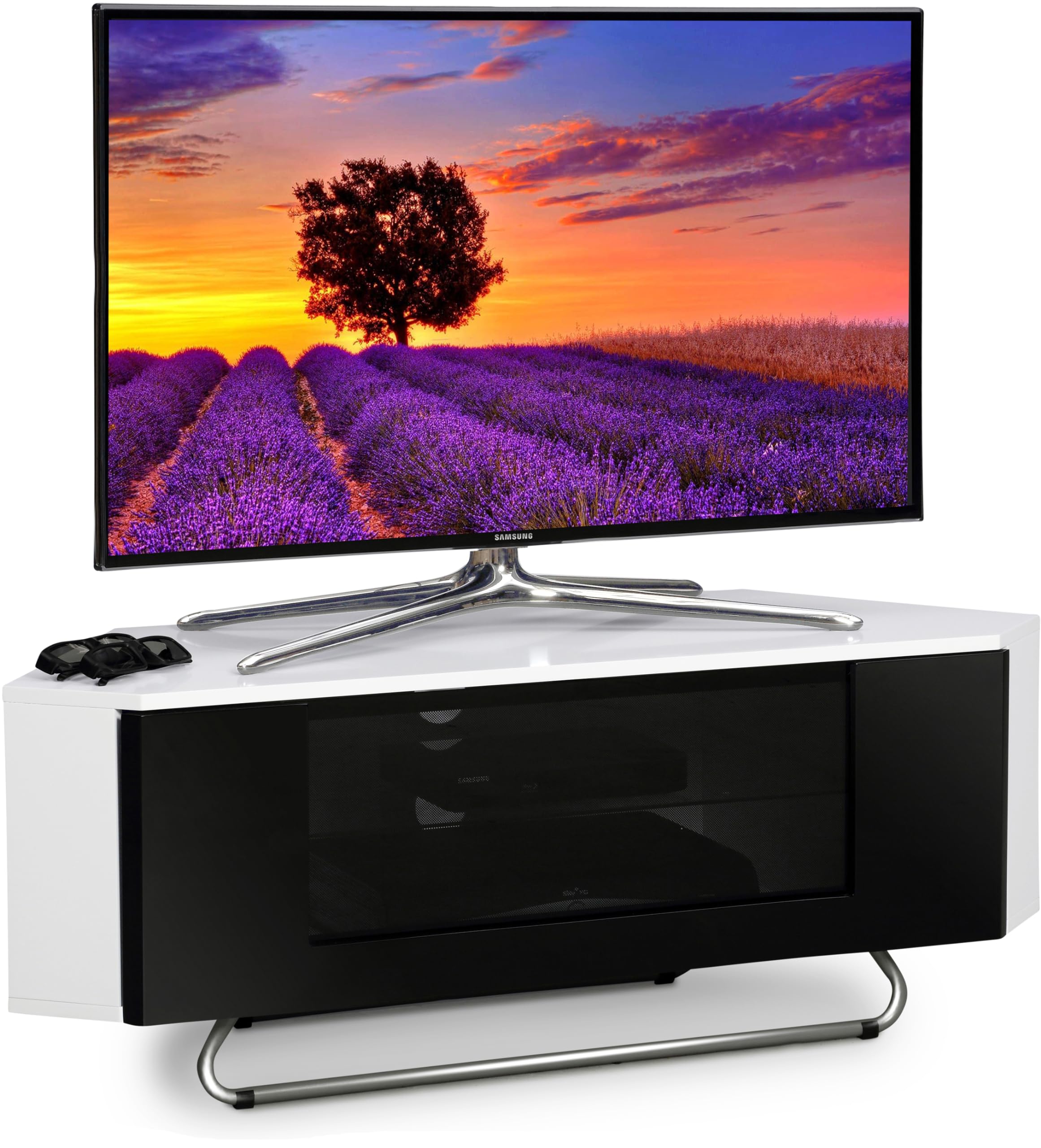 Centurion Supports Hampshire Corner-Friendly Gloss White with Black Contrast Beam-Thru Remote Friendly Door 26"-50" Flat Screen TV Cabinet