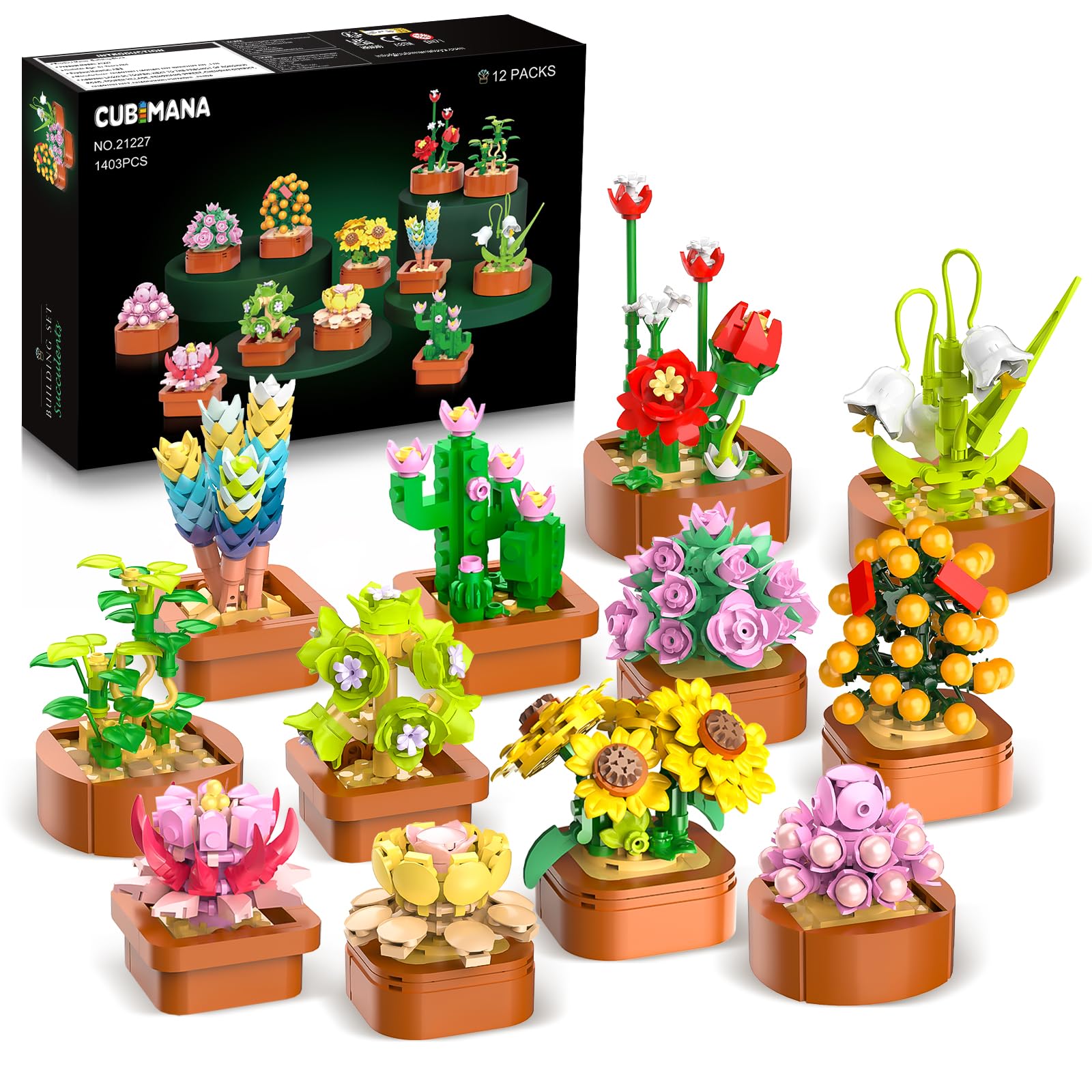 CUBIMANA 12 Pack Flowers Succulents Mini Building Set - 1403PCS Flower Botanical Collection for Home Office Décor 3.6MM Plant Blocks Toy, Easter Birthday Gifts for Adults Women Kids Girls10+