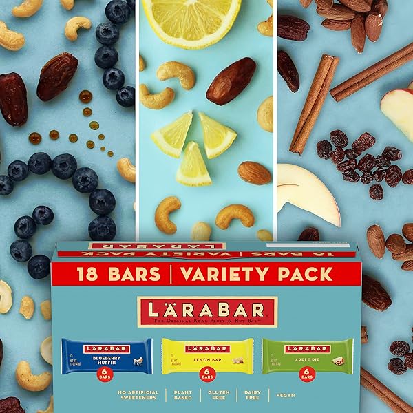 LARABAR FRUIT & NUT BARS VARIETY PACK 18 COUNT (1.6 OZ EACH), BLUEBERRY MUFFIN LEMON APPLE PIE, VEGAN GLUTEN FREE DAIRY FREE PLANT BASED, GRANOLA SNACK BARS BREAKFAST SNACKS FOR ADULTS