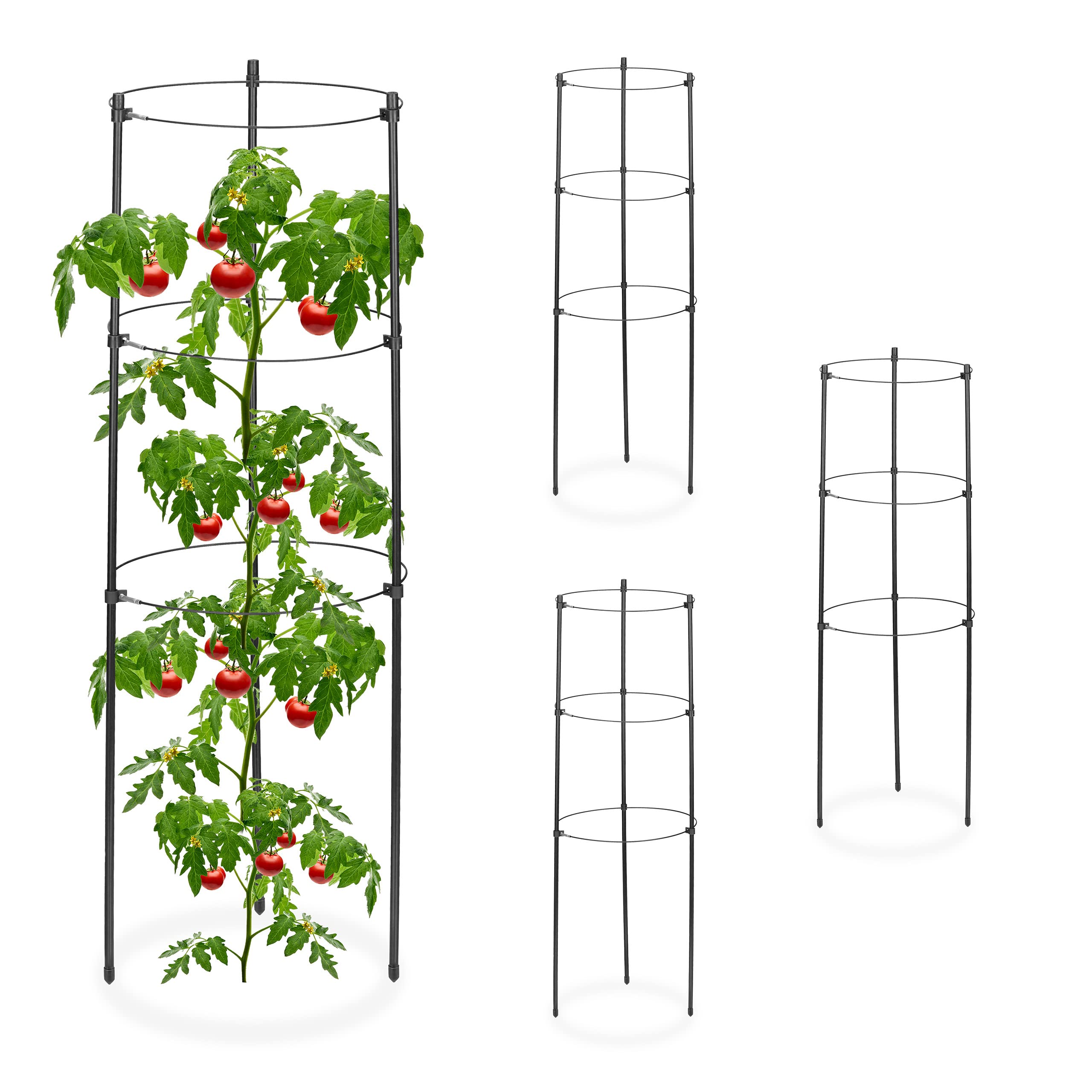 Relaxdays Garden Trellis Set of 4, Metal & Plastic, HxØ: 60x22 cm, Support for Growing Tomatoes & Climbing Plants, Black