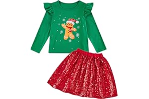RAISEVERN Girls Christmas 2 Piece Outfit Glitter Skirt Sets and Ruffles Long Sleeve Shirts Tops Clothes 2-6 Years