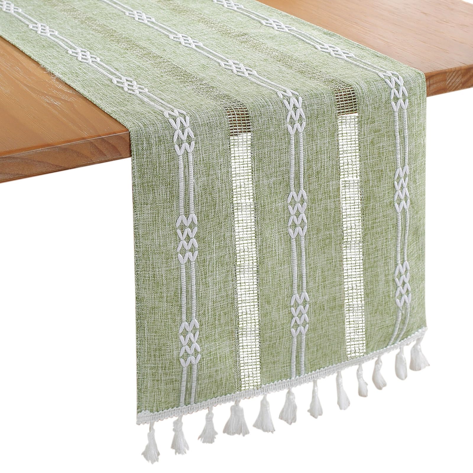 Bigqin Boho Table Runner with Tassels, 183x33cm/72"x13" Table Decoration, Linen Beige Table Runner Tablecloth for Home Wedding Decoration, Green