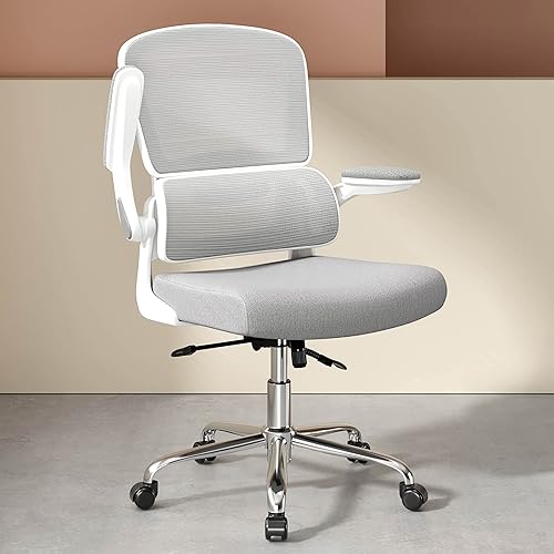 Ergonomic Office Chair, Comfortable Office Chair with Flip-up Arms,  Adaptive Lumbar Support, Mesh Computer Chair with Thick Cushion, White Desk  Chair