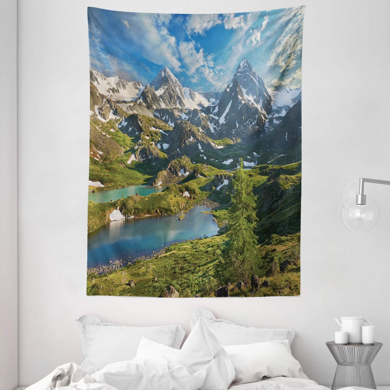 Amazon Com Ambesonne Landscape Tapestry Mountain Lake Russia Siberia Altai Mountains Katun Ridge Snowy Peaks Wall Hanging For Bedroom Living Room Dorm Decor 60 X 80 White Green Home Kitchen