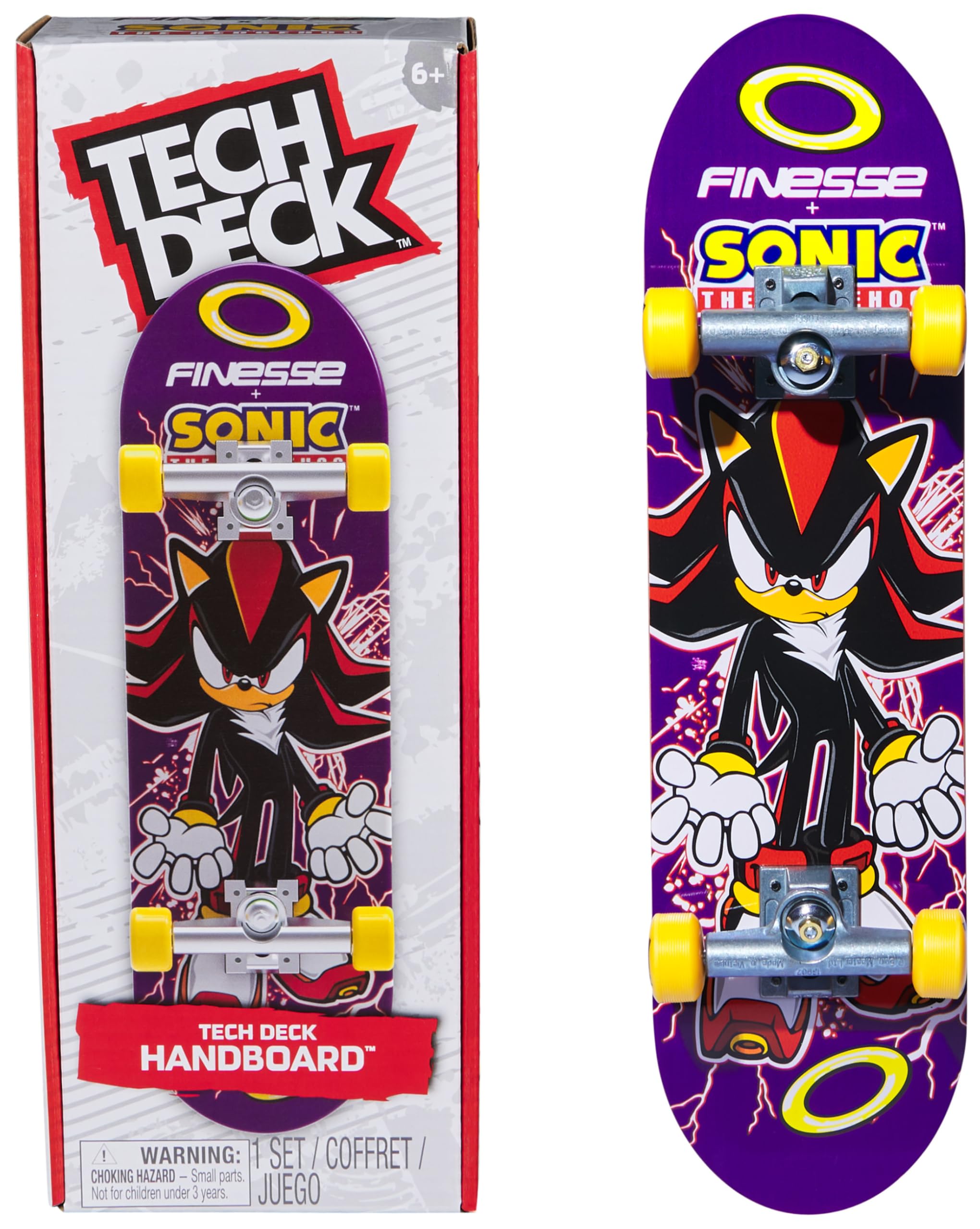 Tech Deck, Finesse X Sonic the Hedgehog Handboard; Authentic Mini Skateboards, Kids’ Toys for Boys and Girls, Ages 6 and up (Hands Use Only)