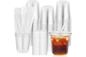 50 Pcs Plastic Cups with Flat lids and Straws, 12 oz Plastic Clear Stemless Glasses for iced Coffee, Disposable Round Bottom 