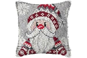 TEZKIM Latch Hook Kits for Adults Christmas DIY Throw Pillow Cover with Printed Canvas Pillowcase Needlework Cushion Cover Hand Craft Creative Gift Home Decoration 16.9Inch X16.9Inch (Red)