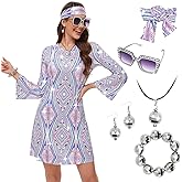 MRYUWB 70s Women Disco Dress Hippie Costumes Necklace Earrings Glasses, 60's 70's Birthday Outfits, 1970s Prom Bling Dress