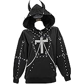MEOWCOS Hoodies for Women Gothic Crop Top Punk Sweatshirt Chain Rivets Cross Decor Demon Horns Hoodie