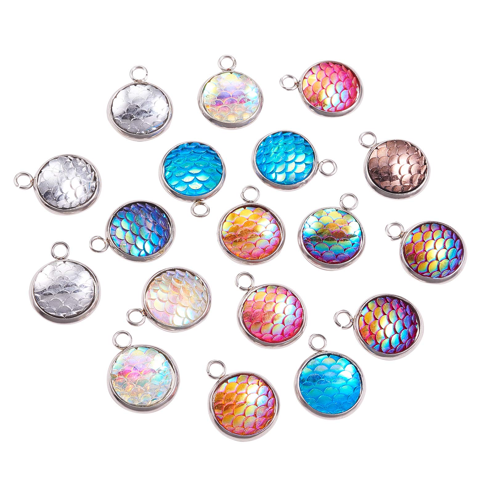 Airssory 30 Pcs Resin Mermaid Fish Scale Round Charms Pendants with 304 Stainless Steel Findings for Jewelry Necklace Bracelet Earrings Making DIY Crafts - 18x14mm — image 1