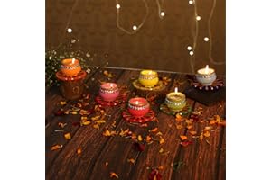 4OUR FAITH 6 Pc Matki Wax Filled Diya Set: Colorful Thread Work Handpainted Terracotta Diyas for Diwali Pooja & Decoration Natural MITTI Dia Unique Indian Gift for Deepawali Celebration - Multicolor