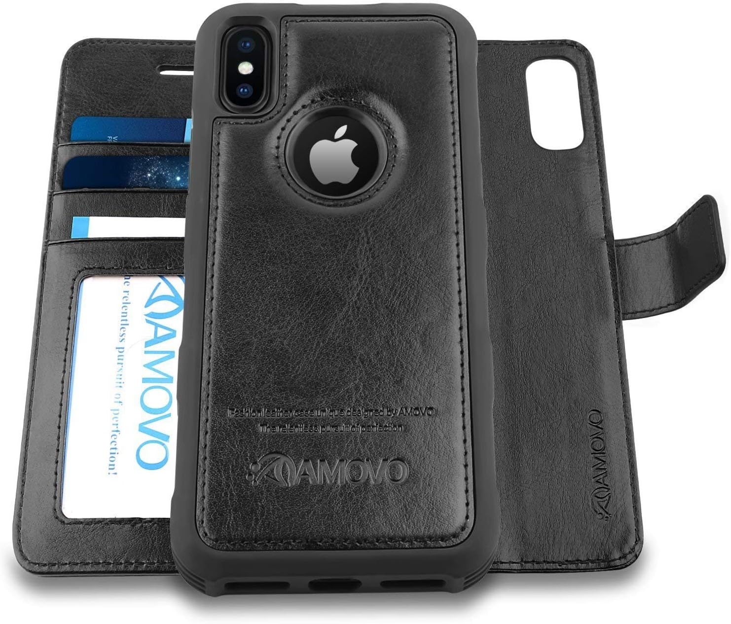 AMOVO Case for iPhone Xs/iPhone X (5.8’’) [2 in 1] iPhone Xs Wallet Case [Detachable Folio] [Vegan Leather] [Wrist Strap] iPhone X Flip Case with Box Package (c)