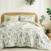 Luxudecor Floral Queen Comforter Set 7 Pieces Bed in a Bag, Sage Green Flower with Bird Bedding Set, Soft Reversible Comforter with Sheet Set 90"x90"
