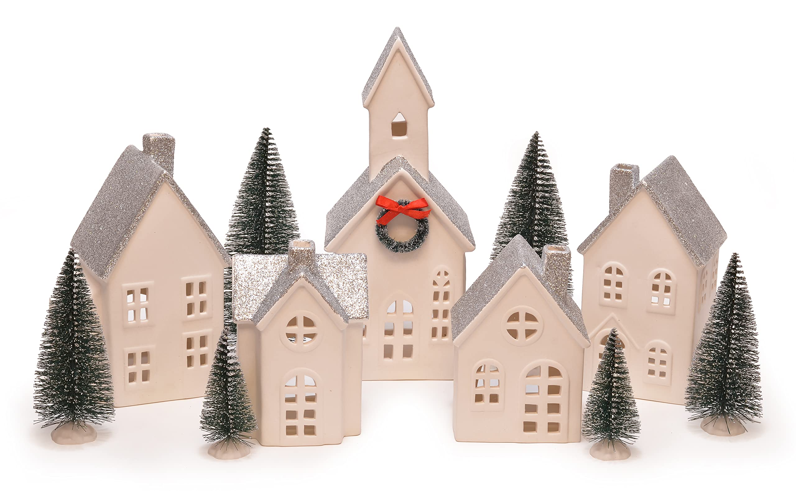 Photo 1 of Mark Feldstein & Associates Silver Rooftopped Village with Trees, White Porcelain LED Holiday Figurines, 16 Piece Set, 11 Inch
