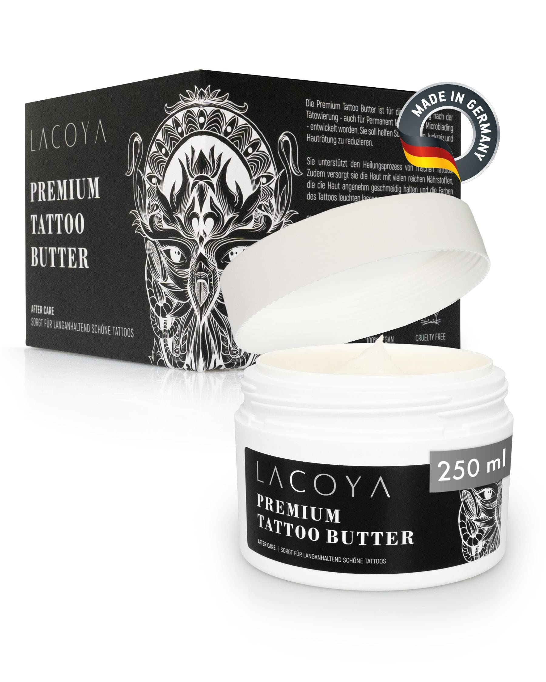 LACOYA® - Premium tattoo butter for freshly tattooed skin - care cream for daily tattoo after-care care care - tattoo cream with shea butter vegan breathable (made in Germany) - tattoo care balm