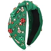 Jaciya Green Christmas Bow Headband Rhinestone Knotted Headband for Women Girls Festive Headpiece Xmas Head Bands