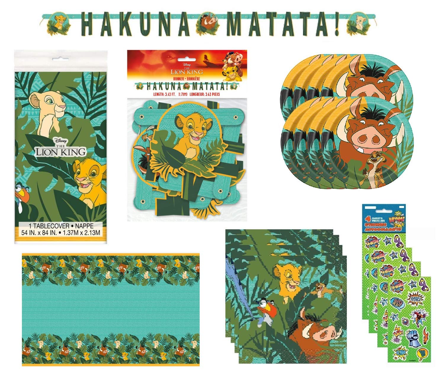 Lion King Birthday Party Supplies Bundle for 16 includes Plates, Napkins, Happy Birthday Banner, Table Cover, Stickers