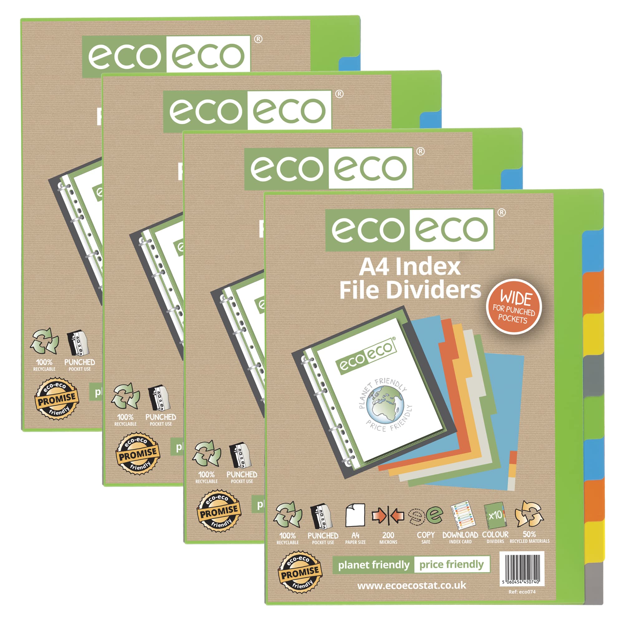 eco-eco A4 50% Recycled Multipunched Reinforced Colour Set 10 Extra Wide Subject Index File Dividers 200mic (Pack of 4), eco074x4