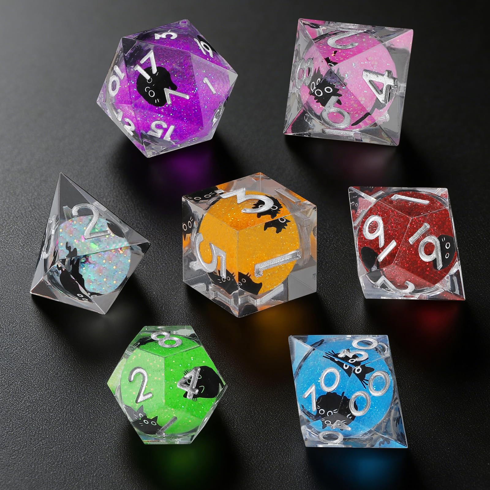 ORUZA 7 PCS Liquid Core Polyhedral DND Dice, Resin Sharp Edge Cat D&D Dice Set for Dungeons and Dragons RPG MTG Role Playing Game Dice D20 D12 D10 D8 D6 D4 D%