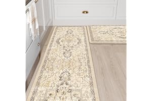 LEEVAN Kitchen Rug Set of 2, Cushioned Kitchen Floor Mats for Sink, Anti Fatigue Waterproof Kitchen Rugs Non Slip, Memory Foam Kitchen Mat for Bar,Standing,Laundry,Office, Yellow/Grey