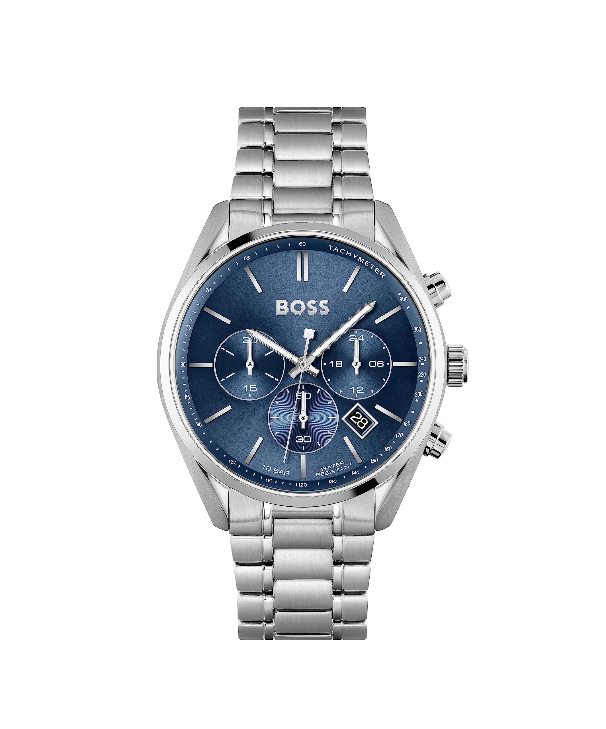 BOSS Men's 44mm Chronograph Quartz Watch Champion Collection with Blue Dial and Silver Stainless Steel Bracelet, Date Function, 3 Sub-Dials, 10ATM Water Resistance - 1513818