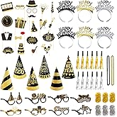 Tangrove New Years Eve Party Supplies 2026 – 65 PCS Celebration Kit with Headbands, Cone Hats, Glasses, Necklaces, Noise Makers, Photo Booth Props & Wristbands – Gold Silver Happy New Year Decorations