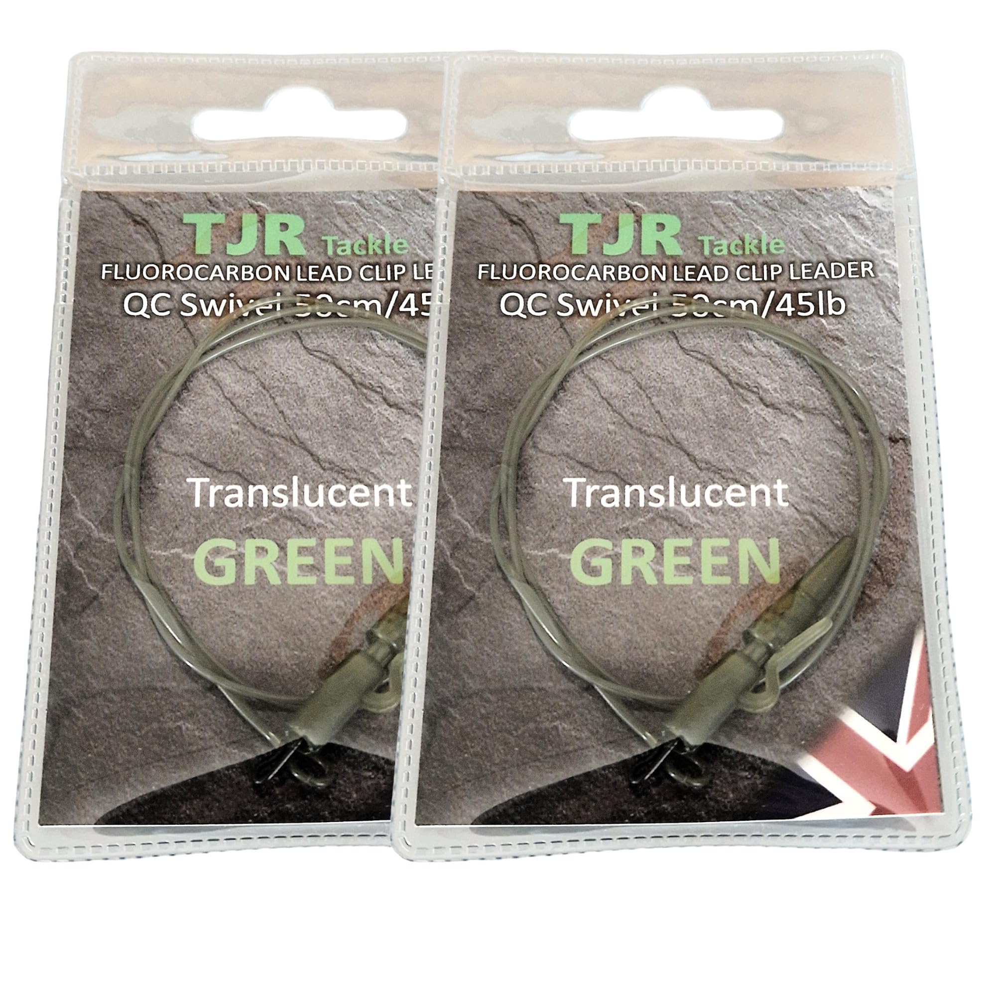 Twin pack 50cm fluorocarbon carp Leaders Carp safety lead Clips Quick Change swivels (Translucent Green)
