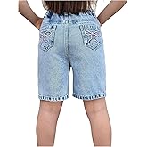 Floerns Girl's Bow Embroidered Jean Shorts Asymmetrical High Waisted Denim Bermuda Shorts