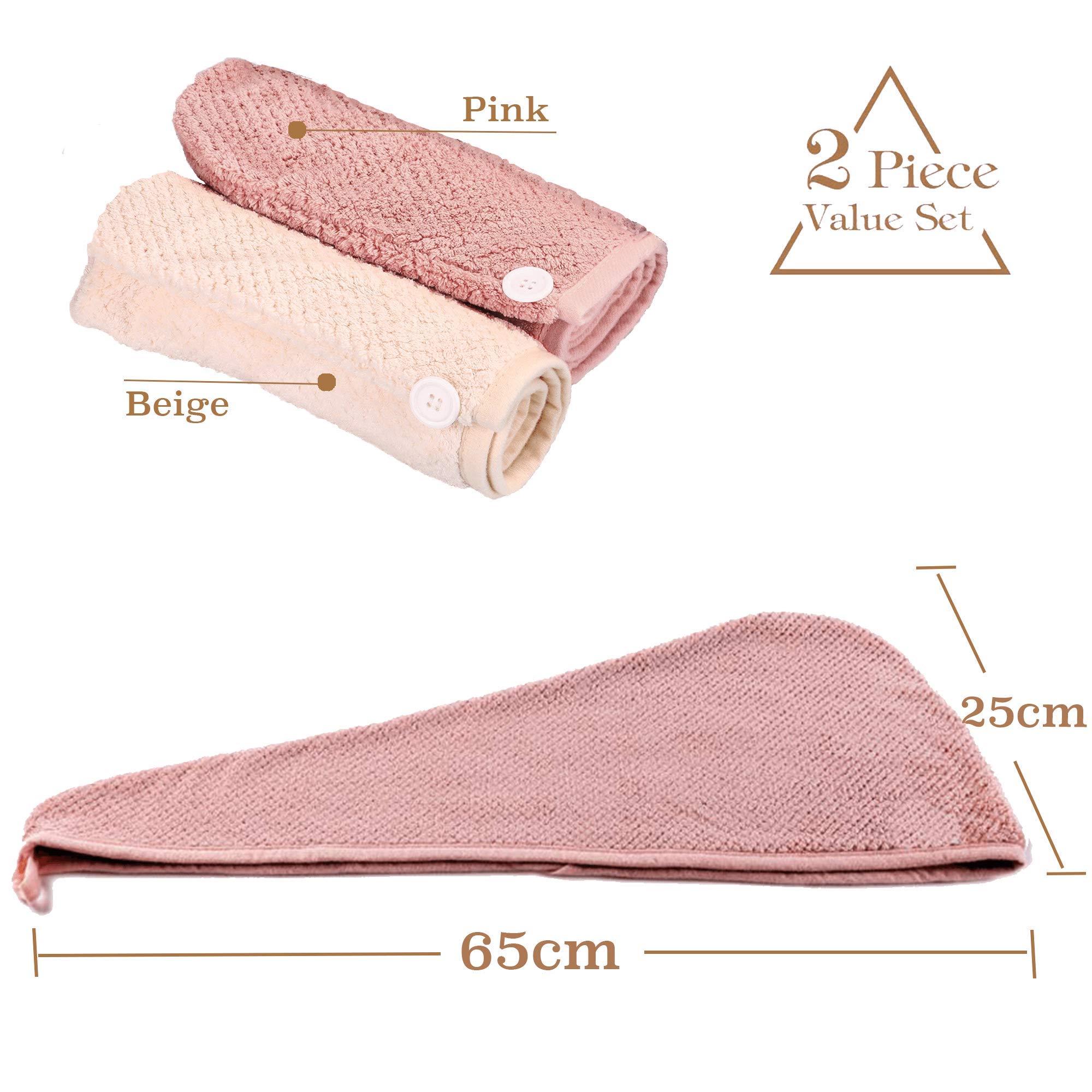 MAIYAMI 2 Pack Hair Drying Towels Cap,Hair Wrap Towels, Ultra Abosobent Microfiber Hair Turban Towel,Button Lightweight Design Quick Magic Dryer, Dry Hair Hat (Pink&Beige)