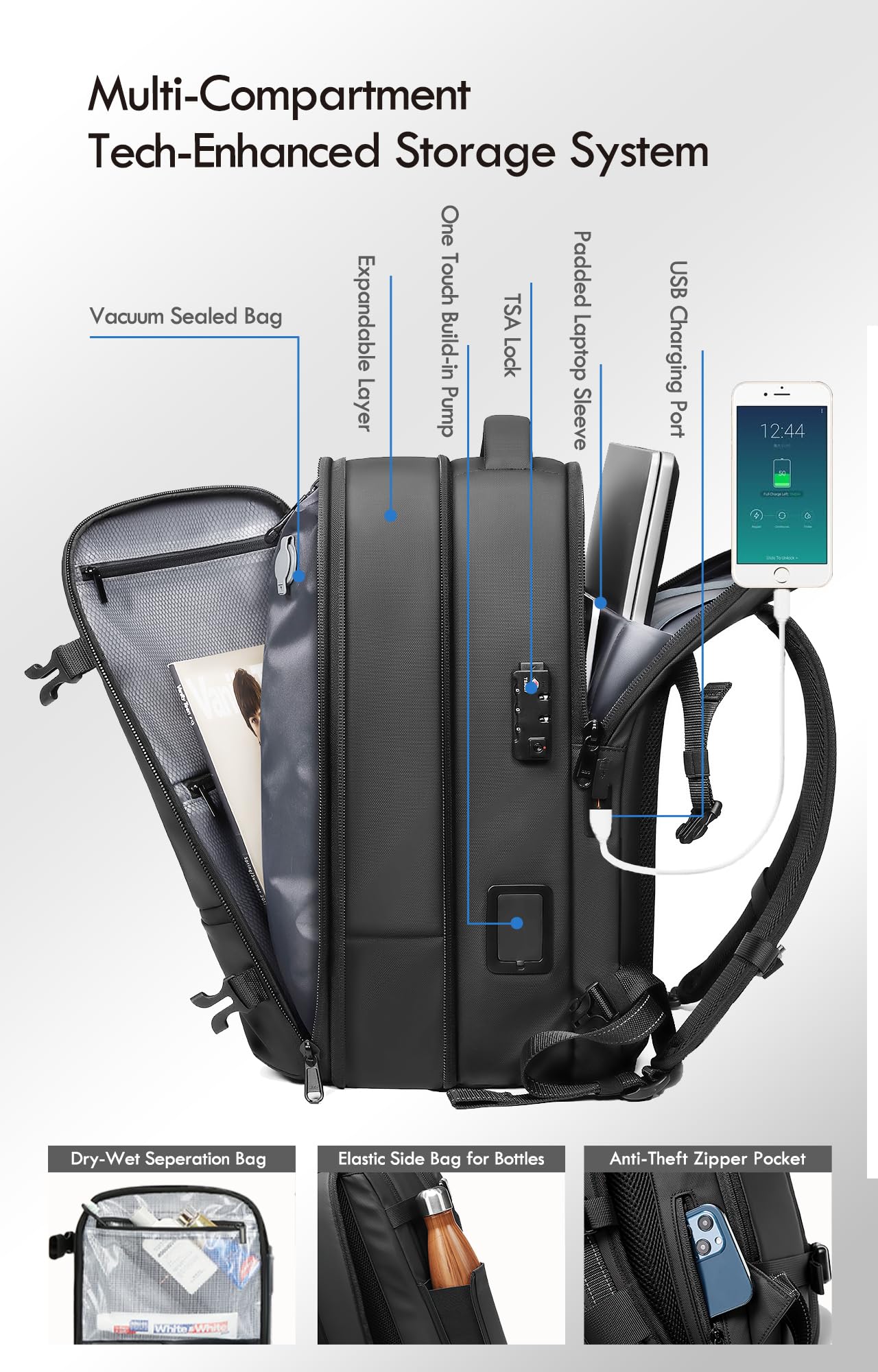 IKYWT Vacuum Seal Backpack Travel with Built-in Pump 80L Expandable Travel Backpack with Vacuum System, TSA Lock Water Resistant Carry-On Backpack