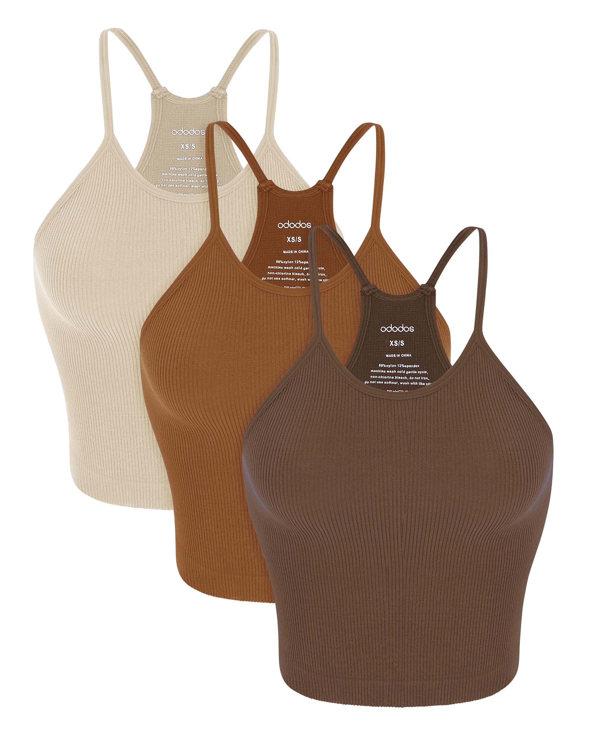 ODODOS Women's Crop 3-Pack Seamless Rib-Knit Camisole Crop Tank Tops