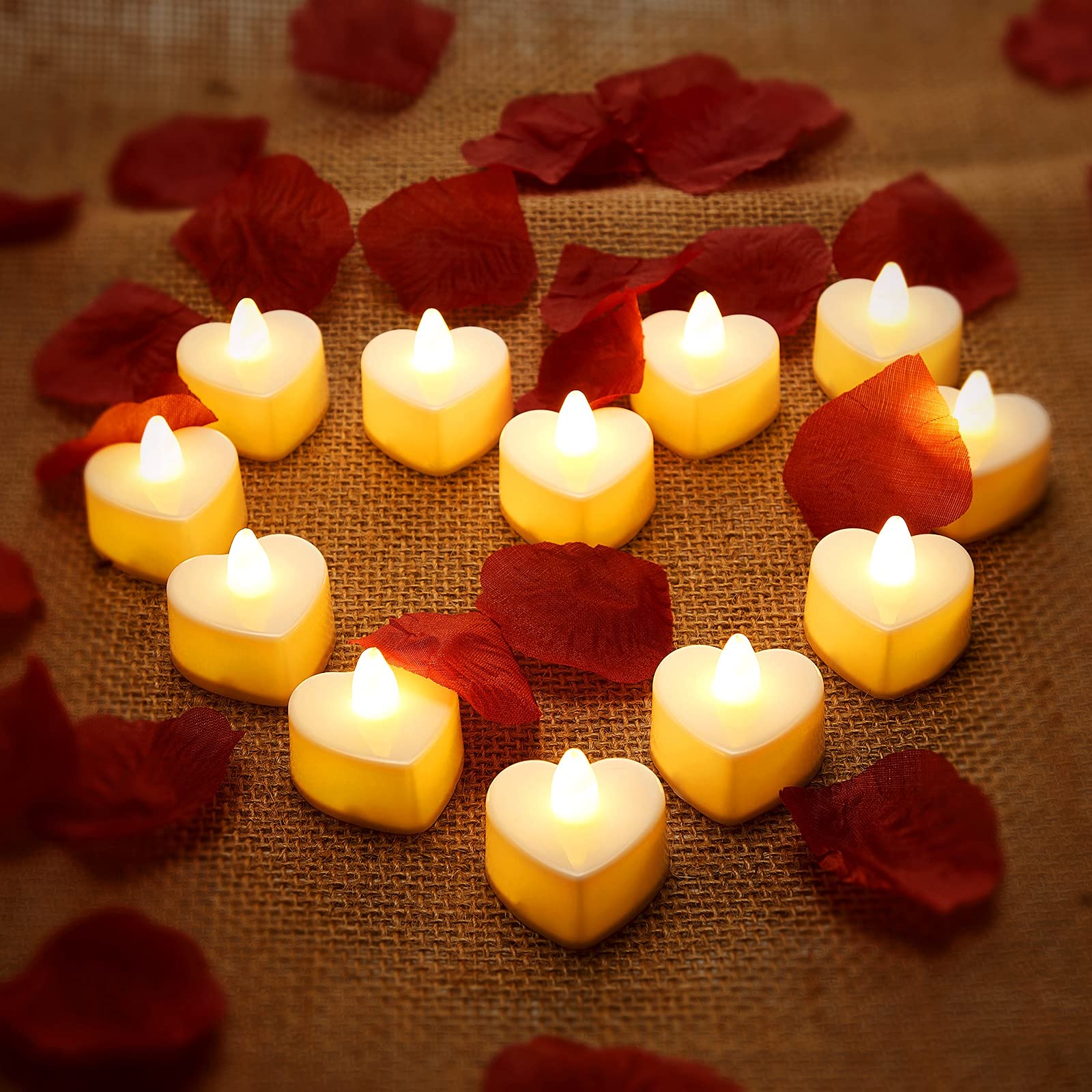 Mudder 12 Pcs Heart Shape LED Tealight Candles Love LED Candles with 200 Pieces Silk Rose Petals Scatter Artificial Petals for Valentine's Day Wedding Table Party Decor(Yellow Light, Dark Red Petal)