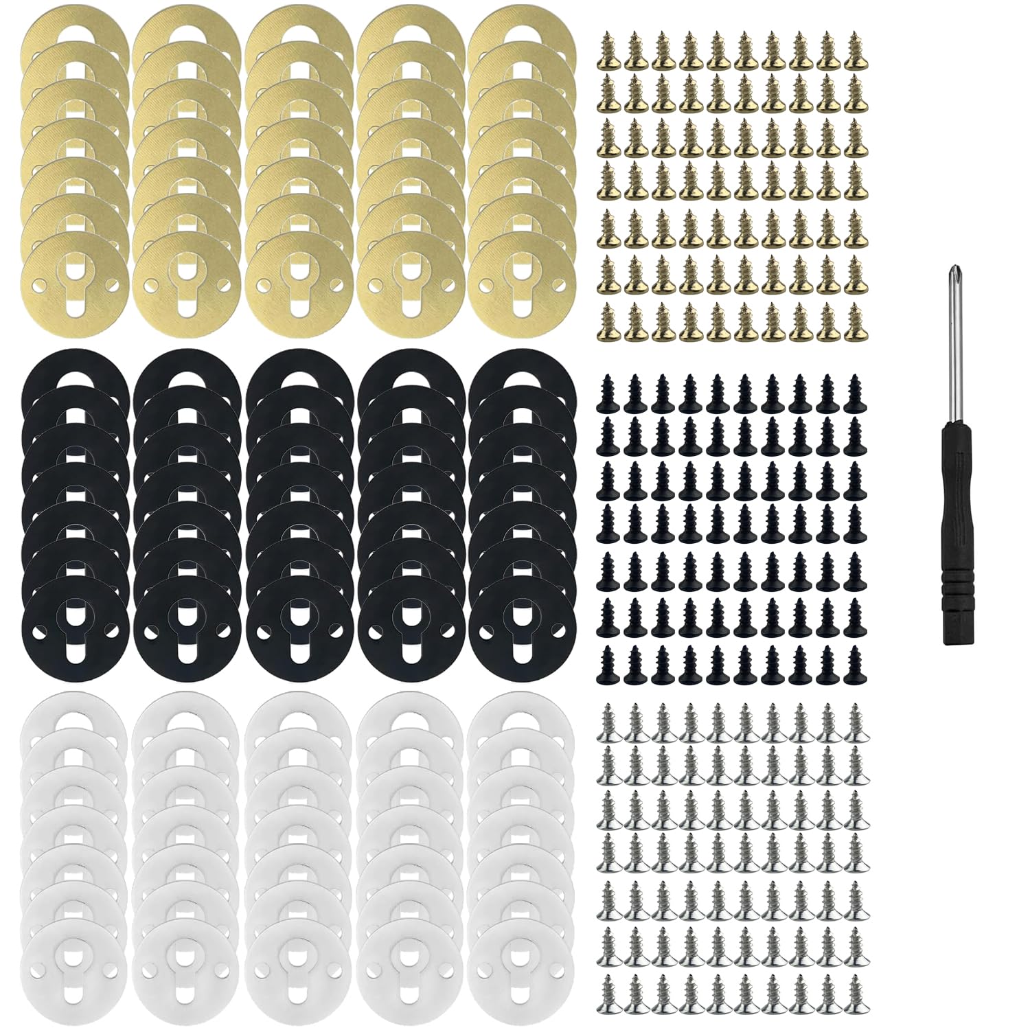 105 Pcs Metal Round Type Keyhole Iron Keyhole Hangers with 1 Screwdriver 210 Screws - Picture Frame Hanging Plate Fasteners for Artworks and Wall Decorations