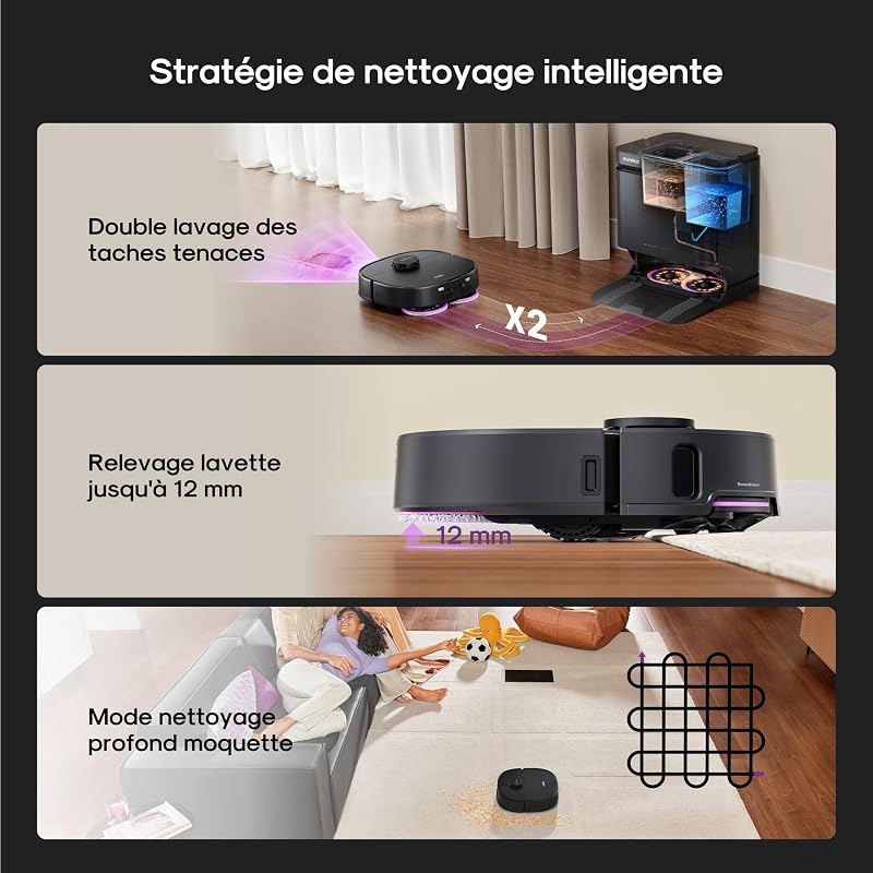 Robot Aspirateur Laveur. Serpillière & Brosse latérale Extensible, Aspiration 22000 Pa. Station autonettoyante, Lavage serpillière Eau 80℃, IntelliView 2.0, Anti-emmêlement, Noir,J15 Max Ultra