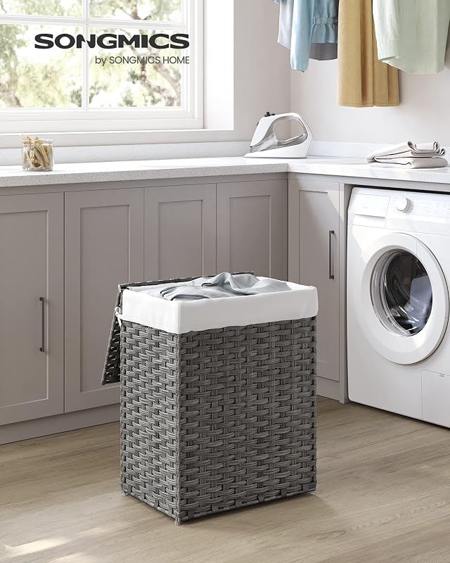 Cesto de Ropa Sucia, 90 L, Ratán Sintético, con Tapa, Plegable