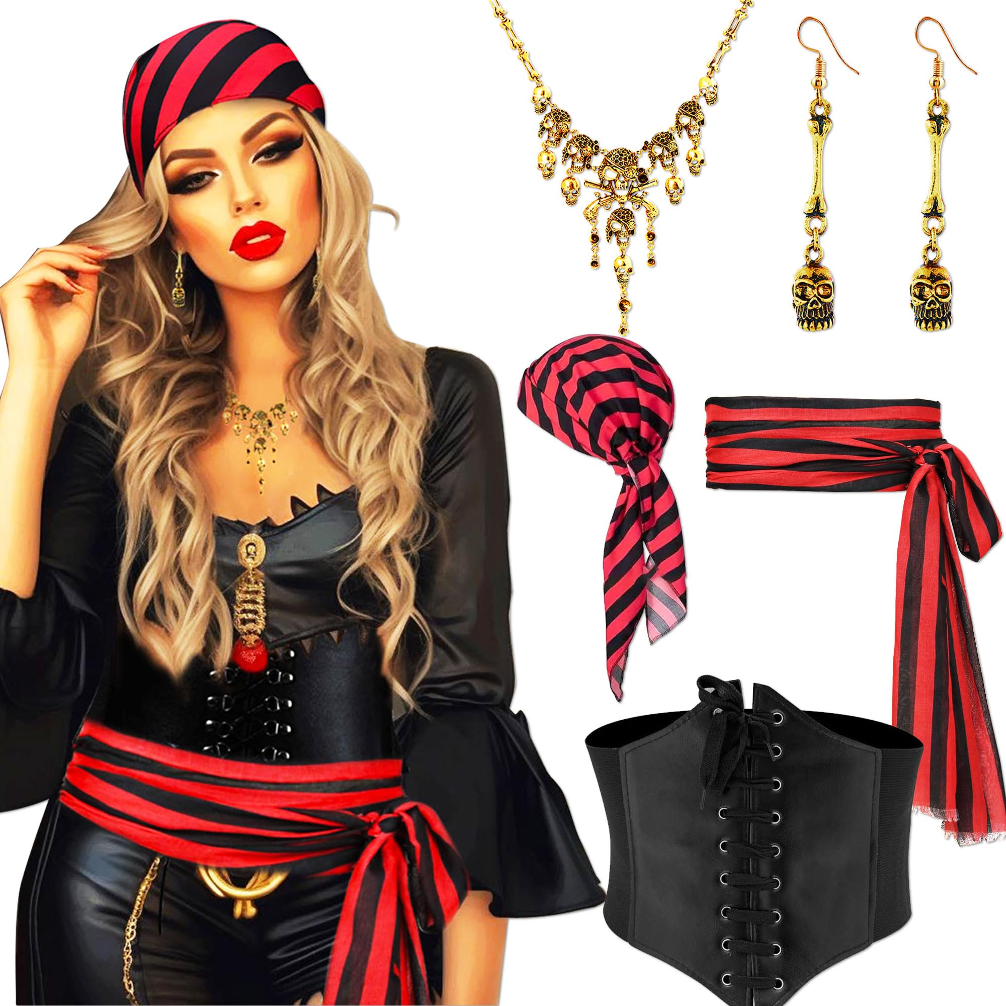 JeVenis Vintage Pirate Costume Accessories Set Pirate Headband Wrap Skull Necklace Waist Belt Captain Costume Carnival Music Festival Outfit — image 1