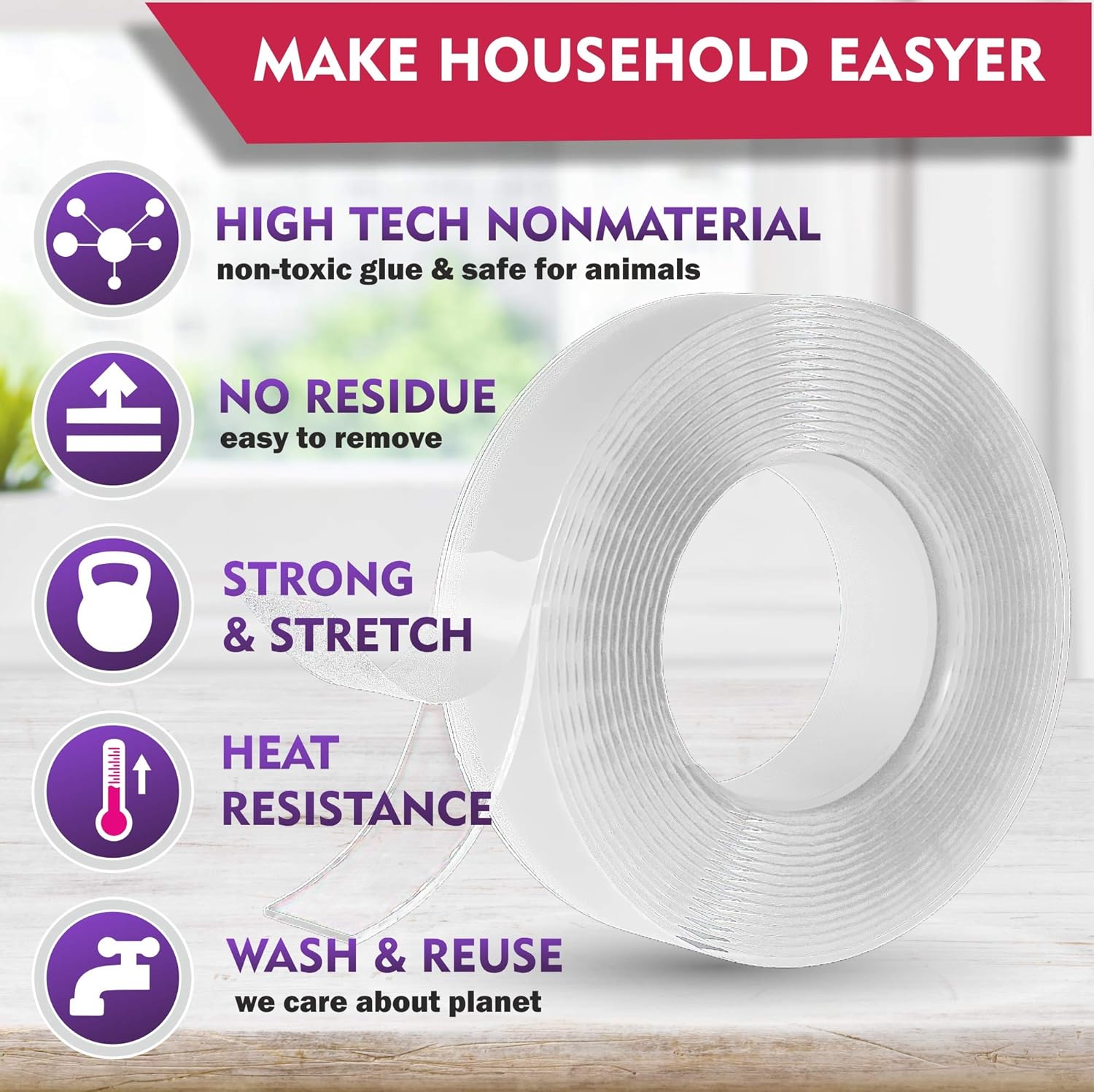 Double Sided Tape for Walls - Heavy Duty Removable Mounting Tape - Strong Adhesive, Washable and Reusable - Wall Tape for Picture Photo Carpet Decoration - Poster Tape Roll 17ft, 1.18inch: Industrial & Scientific