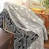 Black and White Throw Blankets, Knitted Modern Patterned Throw Blanket, Soft Lightweight Woven Throw Blanket for Sofa Couch Bed and Living Room, Black&White (50x60 Inch)