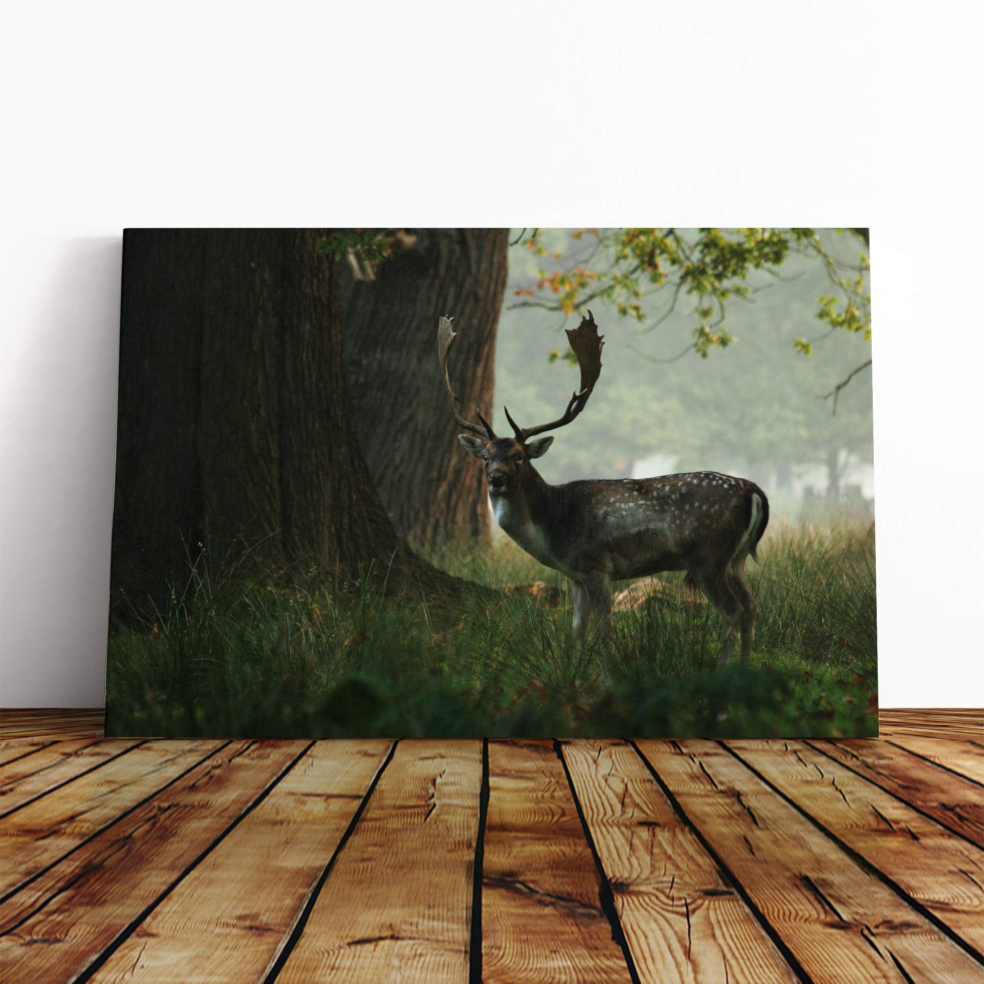 Stag in Woodland Landscape Canvas Print | Gallery Wrapped 30mm Frame Wall Art | 20x14 inches | Ready to Hang | Modern Animals Picture | Living Room Bedroom Lounge Office