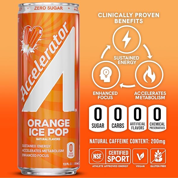 ACCELERATOR ENERGY DRINK, ORANGE ICE POP 12OZ CAN (12 PACK), ZERO SUGAR, SUSTAINED ENERGY FROM 100% NATURAL CAFFEINE (200MG FROM GREEN COFFEE BEAN & GREEN TEA EXTRACT)