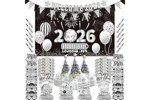 LECONCES 2026 New Year Eve Party Supplies for 24 Guests - New Years Decorations Silver, Large Happy New Year 2026 Banner , Glitter Cone Hats , Welcome Banner, Headwear, Eyeglasses Honeycomb Centerpieces