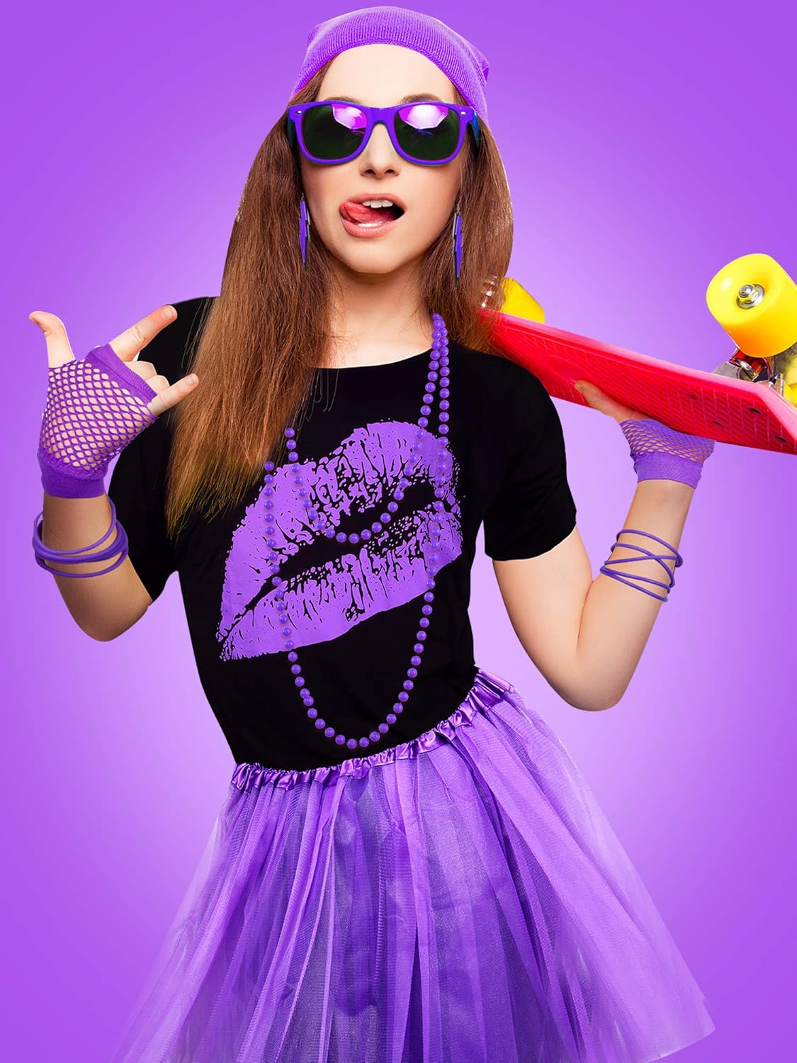 80s Costume Accessories Set T-Shirt Tutu Headband Earring Necklace Leg Warmers: Clothing