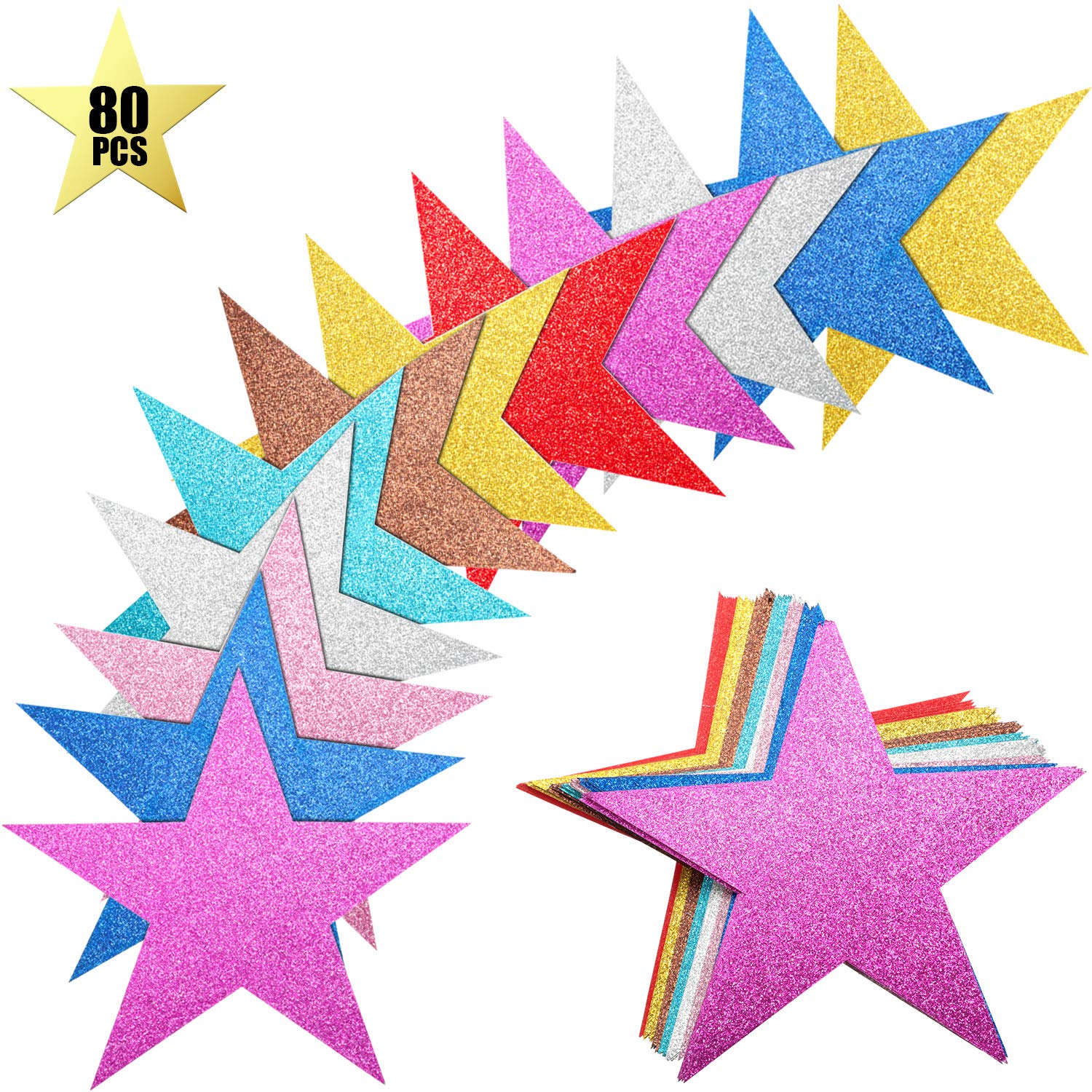 Gejoy 80 Pieces Glitter Star Cutouts Paper Star Confetti Cutouts for Bulletin Board Classroom Wall Party Decoration Supply, 6 Inches Length, 8 Colors