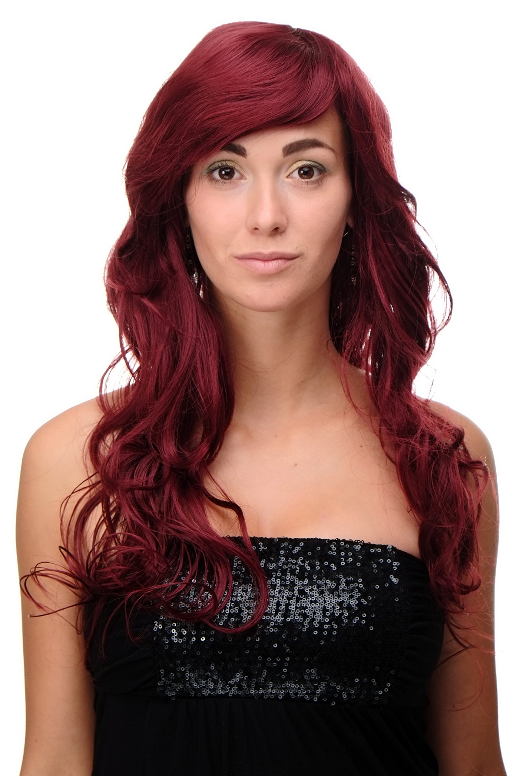 WIG ME UP 9669EL-39 Lady Quality Wig very long wavy curly & slightly straggly ends wet-look long fringe (for side parting) pomegranate red 27,5inch