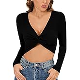 CLOZOZ Long Sleeve Twist Front Crop Top Ribbed V Neck Sexy Going Out Shirt for Women Jet Black