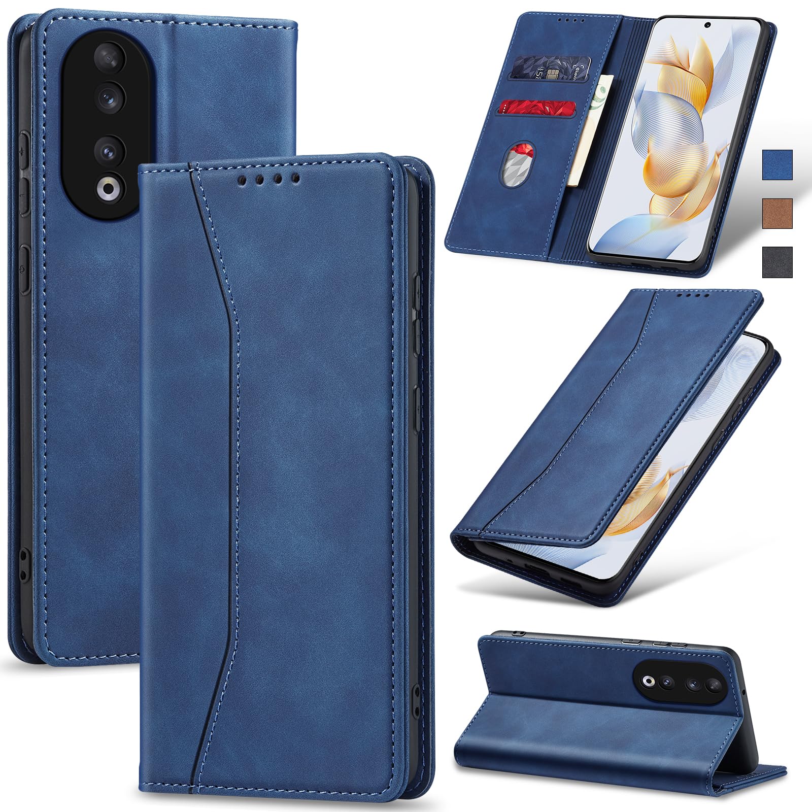 Jasonyu Case for Honor 90 Leather Wallet Flip Cover with Card Holder,Kickstand, Magnetic Closure,TPU Shockproof Phone Case Compatible with Honor 90 (Blue)