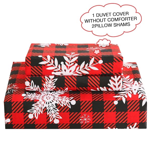 JSD RED BUFFALO PLAID SNOWFLAKES CHRISTMAS WINTER DUVET COVER SET QUEEN SIZE