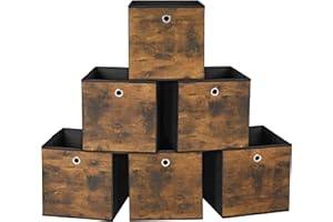 SONGMICS Storage Cubes, Set of 6 Storage Bins with Handles, Foldable Oxford Fabric and Non-Woven Fabric Storage Boxes, 11.8x11.8x11.8 Inches, Fit Cube Storage Unit, Rustic Brown and Black URFB102B01