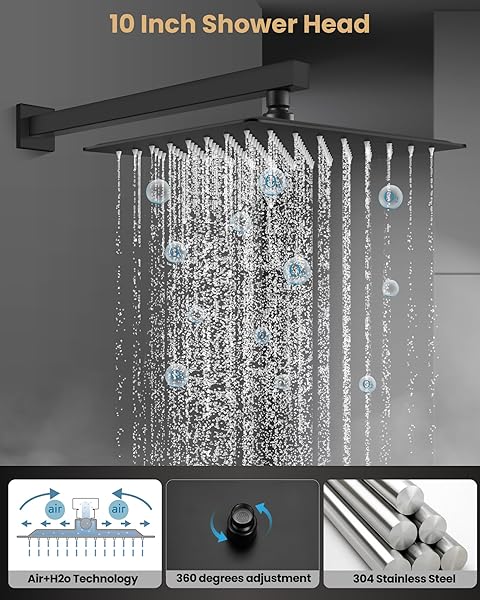 AIRUIDA SHOWER FAUCET SET WITH FEMALE THREAD ROUGH-IN VALVE, RAINFALL SHOWER HEAD AND HANDLE SET, SINGLE FUNCTION VALVE TRIM KIT, 10 INCH MATTE BLACK