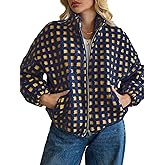 ALSOGO Womens Long Sleeve Checkered Sherpa Jacket Cropped Plaid Fleece Coats Zip Up Casual 2025 Warm Gingham Outwear